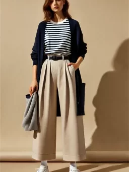 DALL·E 2024-10-17 16.45.39 - A vertical, full-body image of a young woman in her 20s wearing a striped T-shirt paired with a navy cardigan, beige wide pants, and white sneakers. T