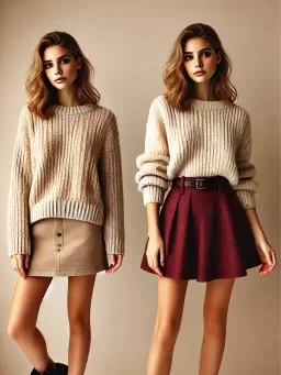DALL·E 2024-10-17 16.45.33 - A vertical, full-body image of a young, stylish woman in her 20s wearing a beige knit sweater paired with a burgundy skirt and leather short boots. Th