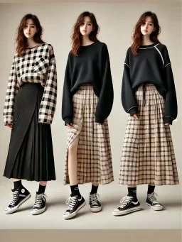 DALL·E 2024-10-17 16.45.42 - A vertical, full-body image of a young woman in her 20s wearing a checkered shirt over a black sweatshirt, paired with a maxi skirt and casual sneaker