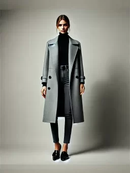 DALL·E 2024-10-17 16.45.37 - A vertical, full-body image of a young woman in her 20s wearing a gray trench coat, black turtleneck, skinny jeans, and black loafers. The outfit is s
